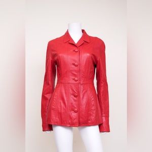 DKNY Women's Cherry Red Leather Button Front Jacket Small RARE VINTAGE